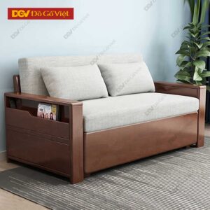 Mẫu Ghế Sofa Giường Gỗ Tự Nhiên Màu Óc Chó Kèm Kệ Tiện Ích