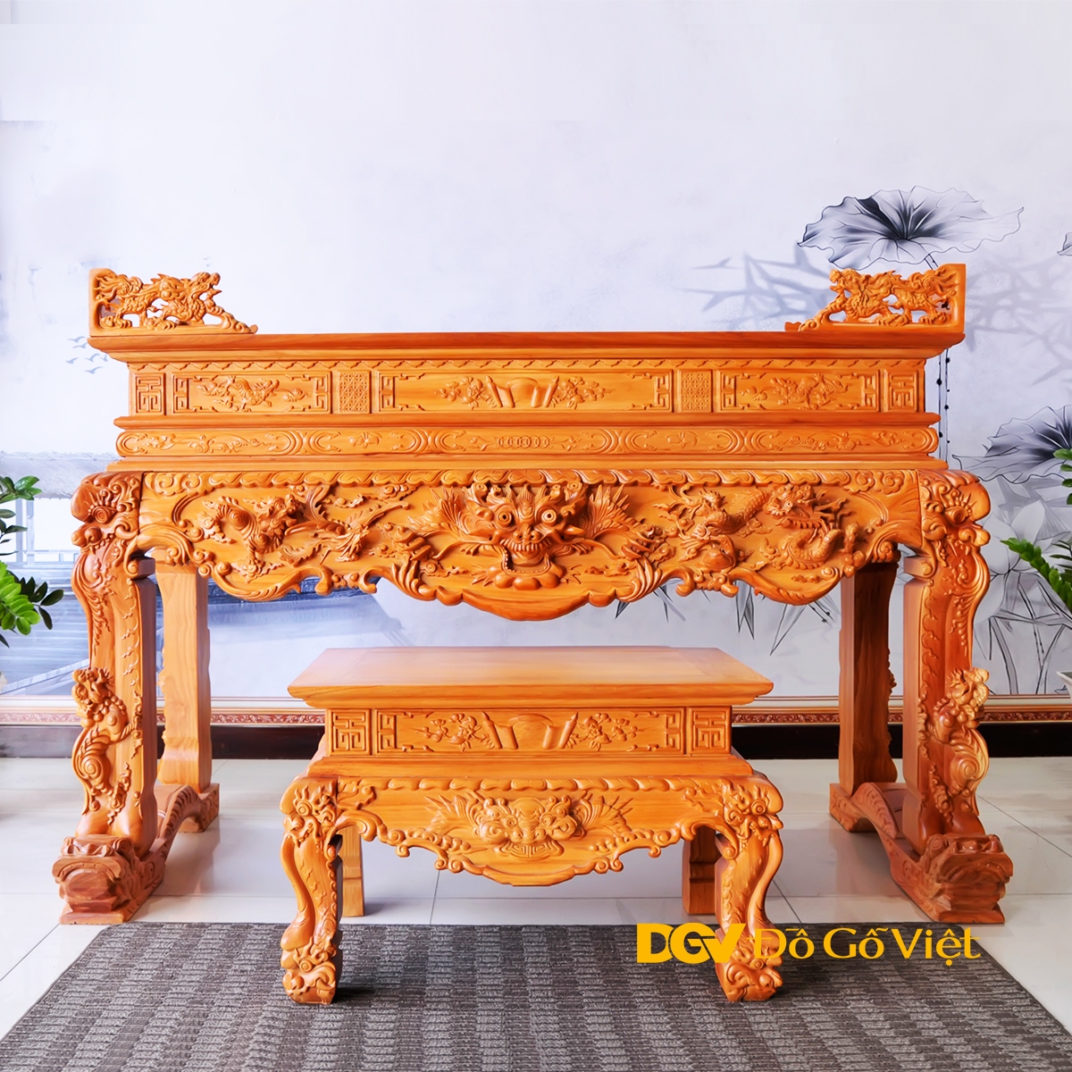 Sập Thờ Mẹ Bồng Con Gõ Đỏ Chạm Rồng Nổi Sang Trọng